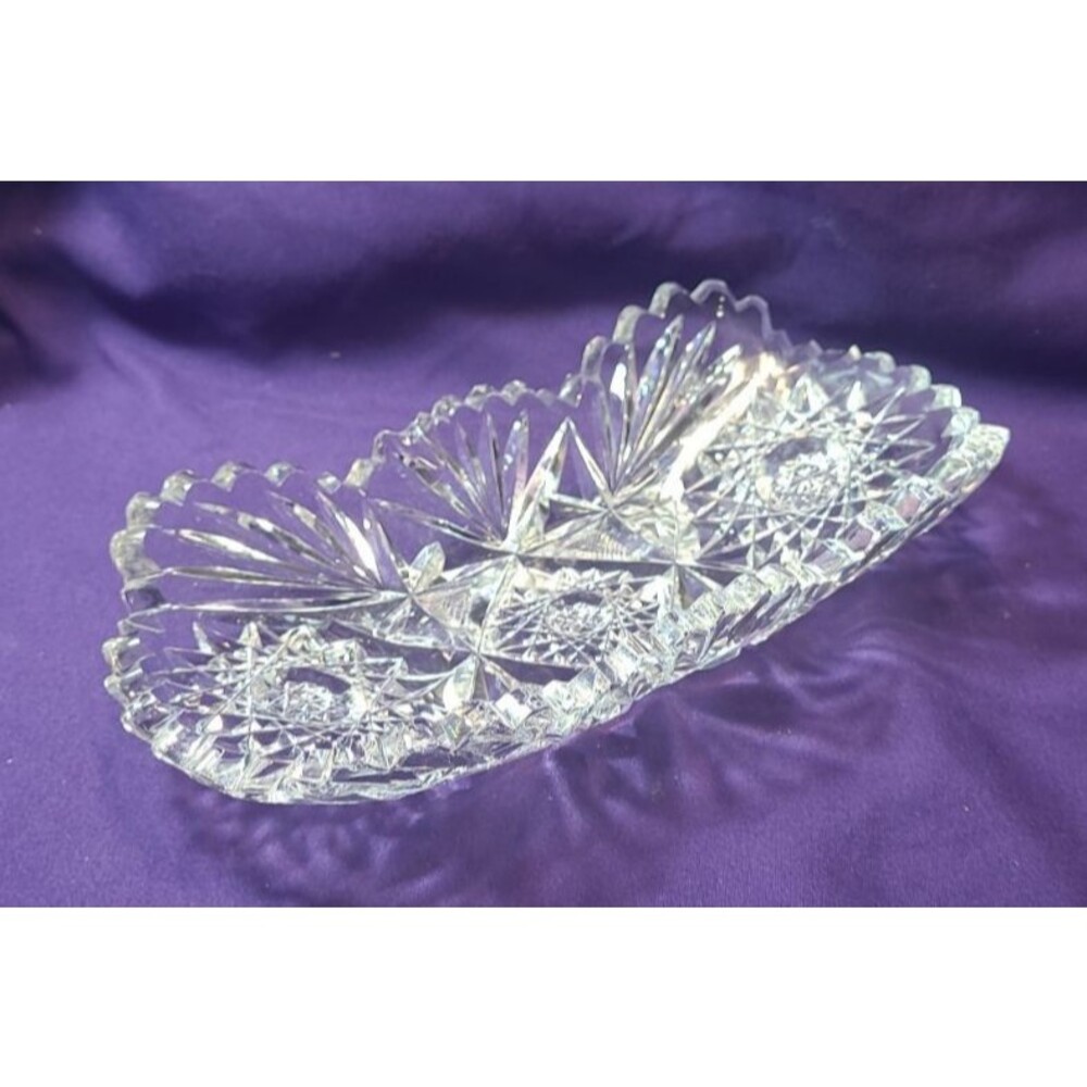 American Brilliant Cut Glass Dish Tray Hobstar Sawtooth Heavy 8" Antique